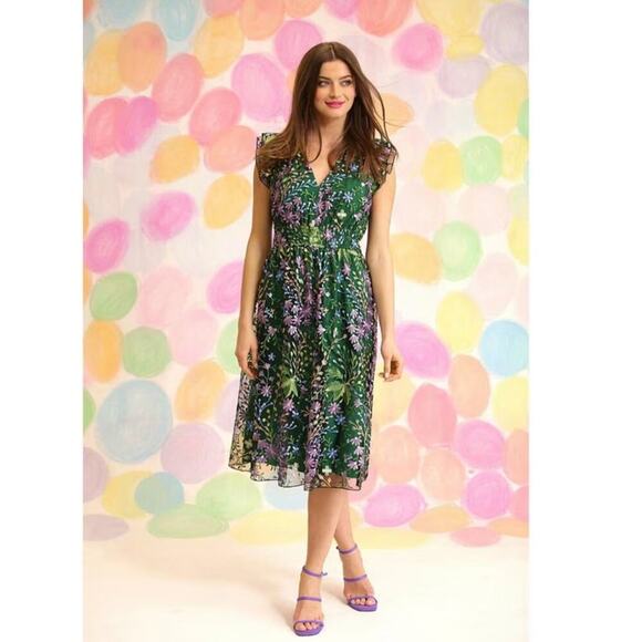 Maggie London Green Floral Embroidered Ruffle Sleeveless A-Line Midi Dress 10 - Picture 1 of 10